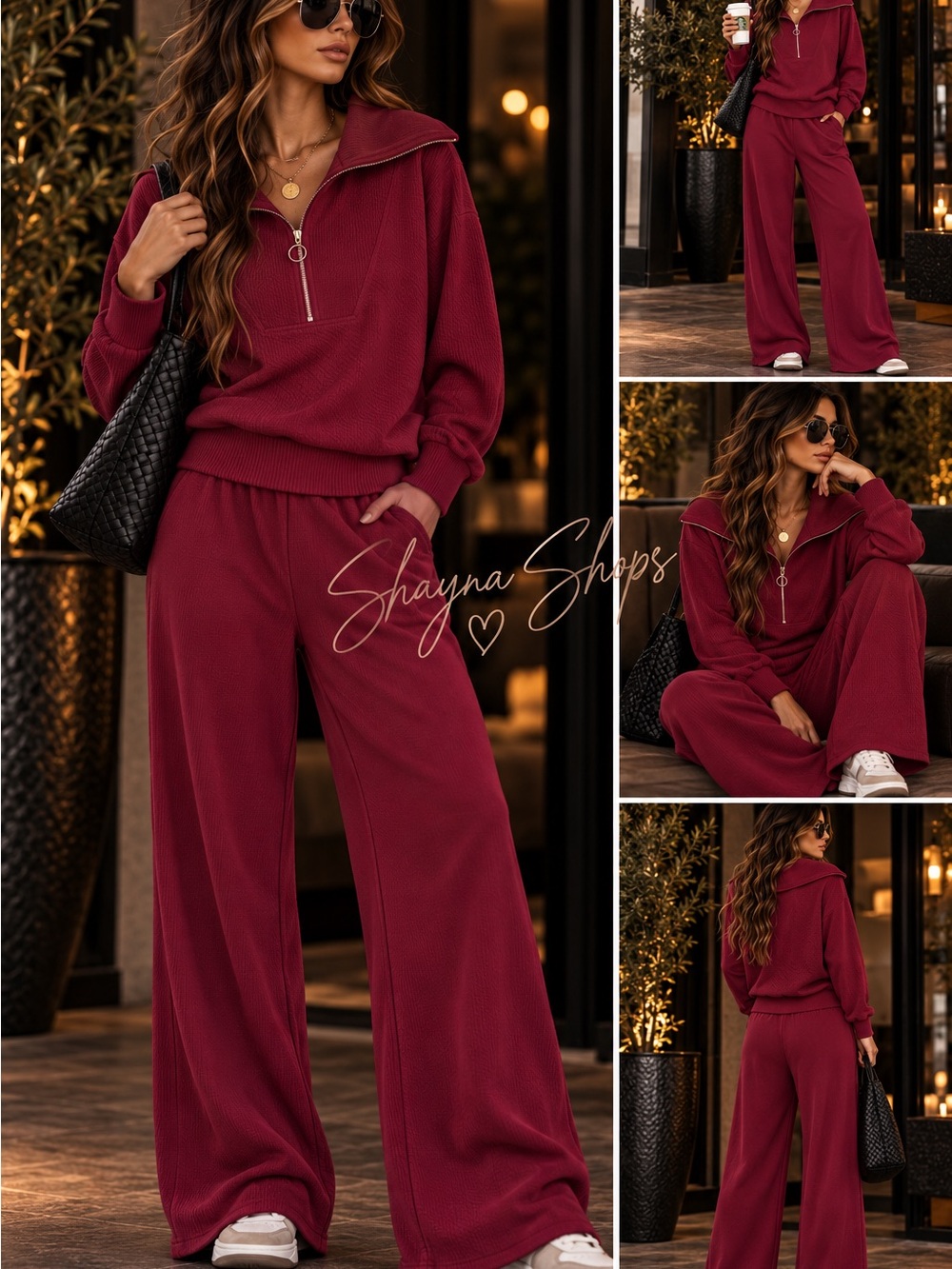 Zenana Premium Ribbed Wide-Leg Lounge Pants & Half Zip Pullover Set — Cabernet